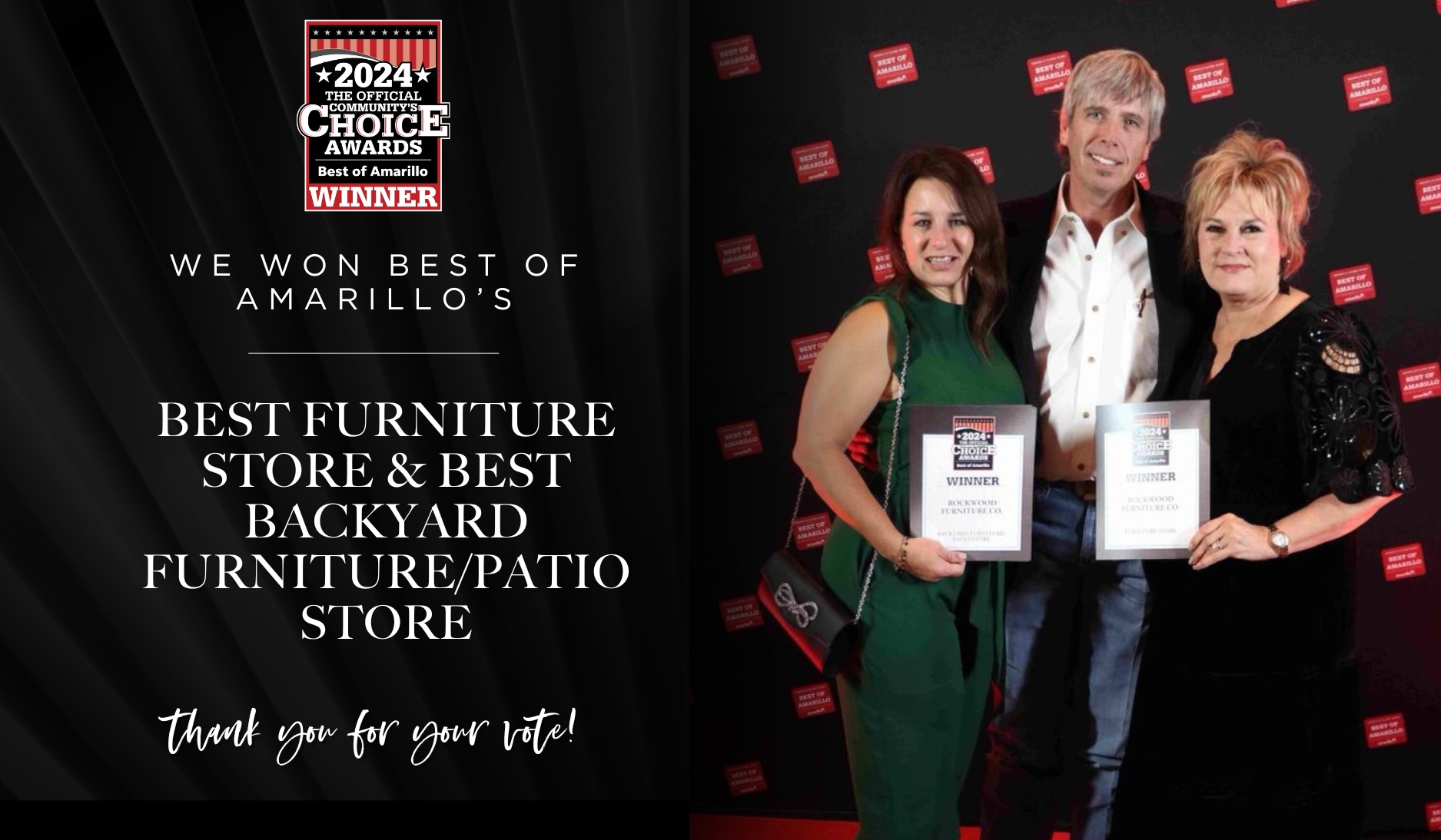 Rockwood Furniture Co. is proud to be voted Amarillo's Best Backyard Furniture/Patio Store and Best Furniture Store! Discover award-winning quality and style for your home.