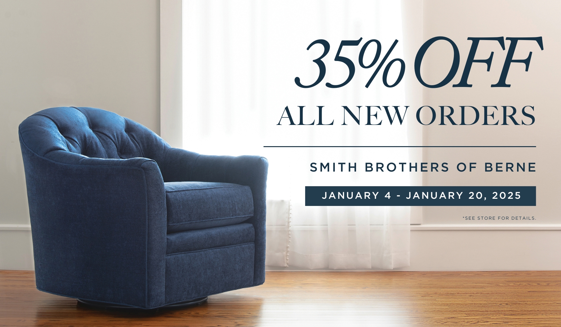 Save 35% on custom furniture from Smith Brothers of Berne, Jan 4-20. Start 2024 with handcrafted comfort and timeless style!